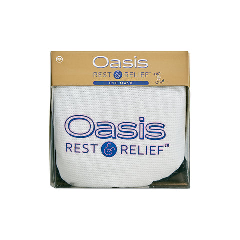 The Oasis Medical Oasis Hot & Cold Dry Eye & Allergy Mask provides hot and cold therapy for dry eye relief, packaged in beige and transparent wrap that elegantly reveals the white mask with blue text.