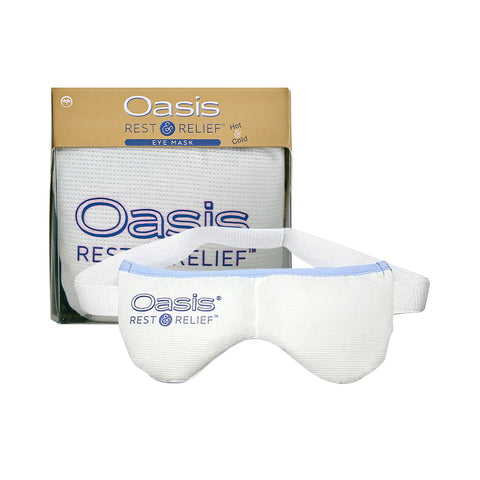 The Oasis Hot & Cold Dry Eye & Allergy Mask by Oasis Medical features an elastic strap and comes in packaging labeled Oasis Rest & Relief, showcasing its hot and cold therapy options for ultimate comfort and relief from dry eyes.
