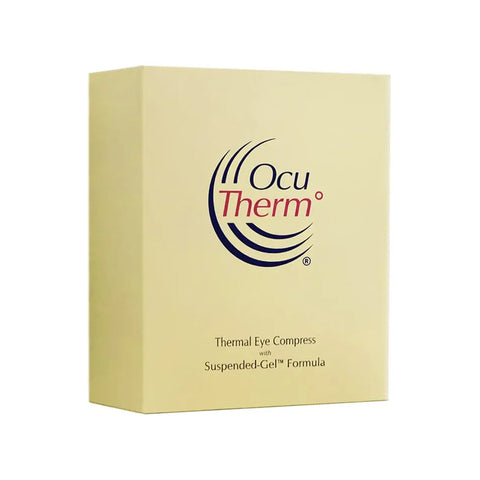 A cream retail box prominently shows OcuTherm® with Heat and Cold Gel Mask Eye Relief below. It highlights its customizable temperature control and features a curved line pattern around the brand name.