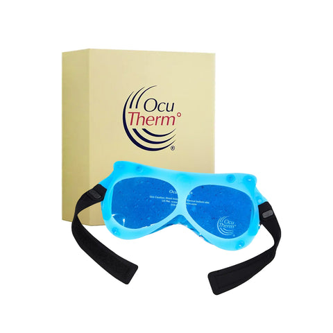 Displayed in front of a beige OcuTherm® box, the OcuTherm Heat and Cold Gel Mask Eye Relief features blue gel-filled masks with adjustable temperature controls, straps, and a transparent section revealing the gel, ideal for targeted thermal therapy.