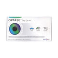 Optase DryEye Kit (A) features a vibrant eye graphic and icons for heat, cleanse, and hydration. It emphasizes relief via moist heat therapy, eyelid hygiene, and lubrication. Includes Scope contact details.