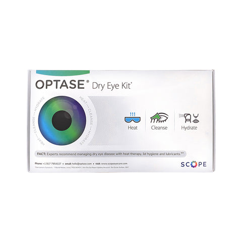 Optase DryEye Kit (A) features a vibrant eye graphic and icons for heat, cleanse, and hydration. It emphasizes relief via moist heat therapy, eyelid hygiene, and lubrication. Includes Scope contact details.