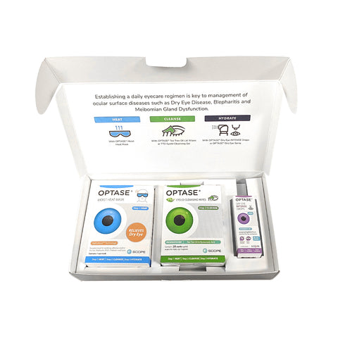 Open box showing the Optase DryEye Kit with a Heat Mask, Cleansing Wipes, and Intense Eye Drops. The inside lid details steps: heat, cleanse, hydrate for effective eyelid hygiene and dry eye relief. Ideal for managing dry eye and related conditions.