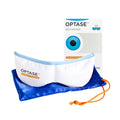 The Optase DryEye Kit (A) offers dry eye relief with a heat mask using HydroBead Technology. It comes in a blue pouch with an orange drawstring, vibrant branding, and an eye image on the box. The white mask with blue trim ensures optimal eyelid hygiene.