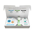 Open box of Optase DryEye Kit (C) with a heat mask for effective Moist Heat Therapy, cleaning gel, and intense drops. The box lid highlights the benefits of daily eyelid hygiene for managing dry eye relief and related conditions.