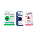 Displayed are three boxes from the Optase Daily Routine Dry Eye Bundle: green tea tree oil Eyelid Cleansing Wipes, dark blue Hylo Night Eye Ointment, and red preservative-free MGD Advanced Dry Eye Drops.