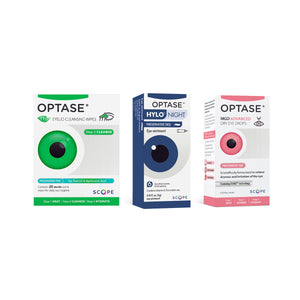 Displayed are three boxes from the Optase Daily Routine Dry Eye Bundle: green tea tree oil Eyelid Cleansing Wipes, dark blue Hylo Night Eye Ointment, and red preservative-free MGD Advanced Dry Eye Drops.