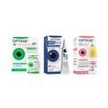 Image showcasing the Optase Daily Routine Dry Eye Bundle, which includes preservative-free lid wipes, eye ointment, and eye drops. Each product has unique packaging with visible labels and instructions.