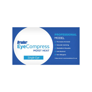 The Bruder Moist Heat Eye Compress – Single Eye is packaged in a blue and white box emphasizing benefits like microwave activation, natural hydration, washability, reusability, antibacterial properties, and non-allergenicity. Its labeled professional model for effective dry eye relief.