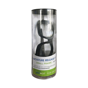 The cylindrical container holds EyeEco Small Moisture Release Eyewear in shiny black with a clear lens, designed for small frames with an anti-fog coating. Invented by an ophthalmologist, it is recommended by physicians and produced by PRN - Physician Recommended Nutriceuticals.