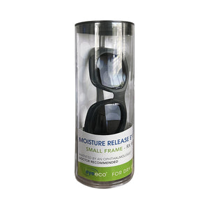 The cylindrical package contains EyeEco Small Moisture Release Eyewear, with shiny black frames and gray lenses, designed for dry eyes. Labeled Small Frame, RX under the PRN - Physician Recommended Nutriceuticals brand, it includes a stylish microfiber bag for storage and protection.