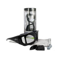 The EyeEco Small Moisture Release Eyewear in shiny black with clear lenses by PRN features interchangeable side shields, a storage pouch, and a cylindrical carrying case. Designed for moisture retention and eye protection, they have an anti-fog coating for clear vision in any condition.