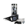 The EyeEco Small Moisture Release Eyewear by PRN in shiny black with gray lenses includes a branded microfiber bag for cleaning and is packaged in a cylindrical container, highlighting its style and spare components.