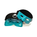 The TearRestore Basic includes two blue gel masks with black elastic bands, designed for comfort and dry eye relief. One mask is slightly behind the other, featuring a logo on its strap. The thermal masks have holes for eyes and nose and are ideal for Meibomian Gland Dysfunction therapy.