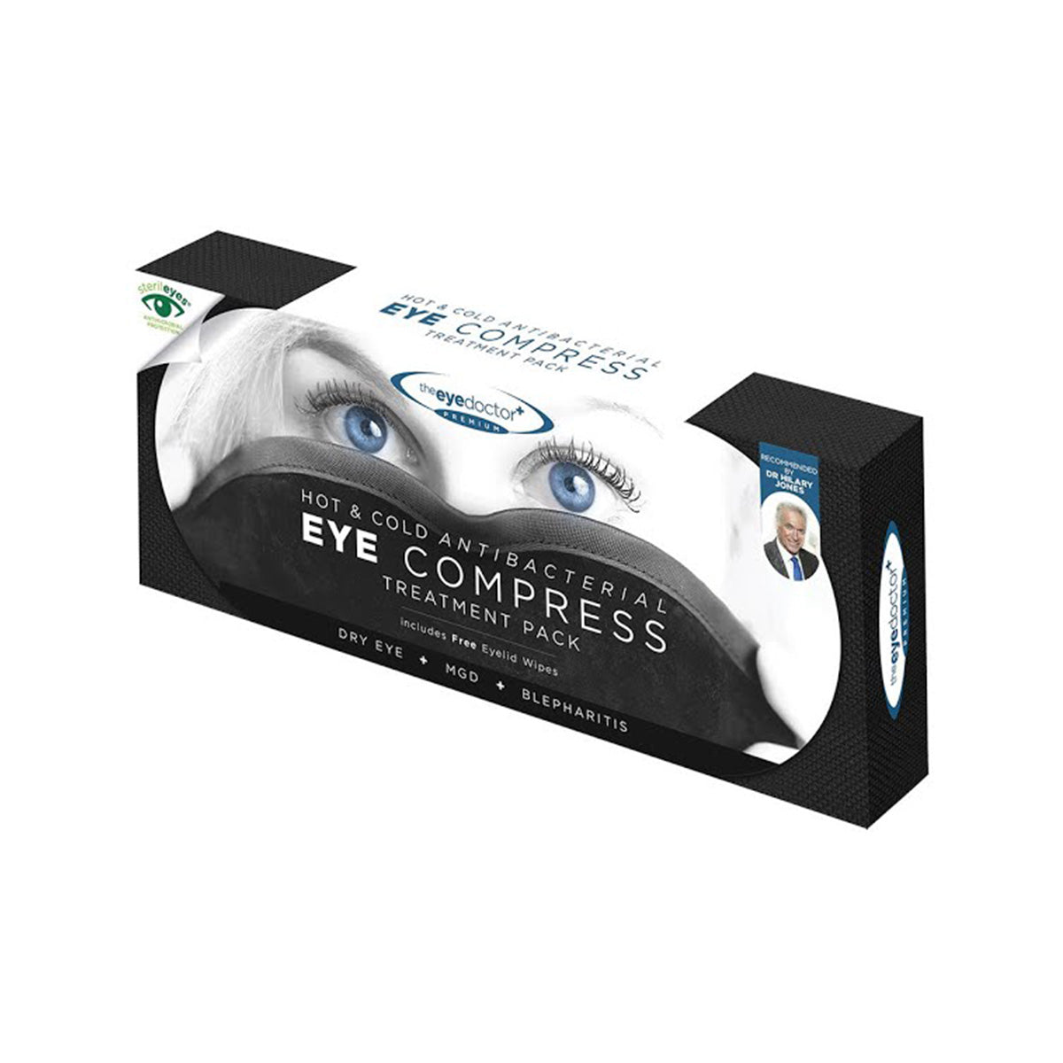 The packaging for The Eye Doctors antibacterial hot eye compress with Sterileyes features eye images and a person wearing glasses. It includes an eyelid wipe and removable cover, offering an Antibacterial Shield ideal for dry eye, MGD, and blepharitis relief.