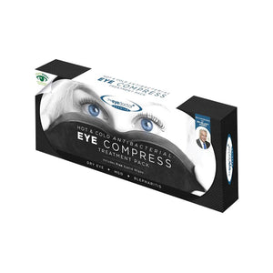 The packaging for The Eye Doctors antibacterial hot eye compress with Sterileyes features eye images and a person wearing glasses. It includes an eyelid wipe and removable cover, offering an Antibacterial Shield ideal for dry eye, MGD, and blepharitis relief.