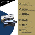 A display showcases The Eye Doctor Featuring Sterileyes, an antibacterial hot eye compress perfect for dry eye, blepharitis, and MGD. It includes features like a removable cover, reusable design, adjustable strap, and is microwave/freezer compatible for pain relief and eyelid hygiene.