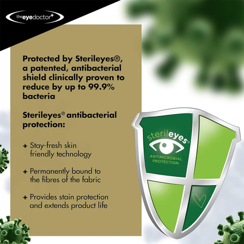 A green shield with the Sterileyes® logo is labeled Antibacterial Shield and states it reduces bacteria up to 99.9%. The blurred background suggests germs. The Eye Doctor Featuring Sterileyes - Antibacterial Hot Eye Compress offers protection for Dry Eye, Blepharitis, and MGD with a removable cover.