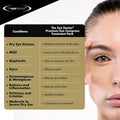 A close-up of a persons face focuses on The Eye Doctor Featuring Sterileyes, an antibacterial hot eye compress with a removable cover. It aids in treating dry eyes, blepharitis, and MGD. The brand logo is in the top-left corner.