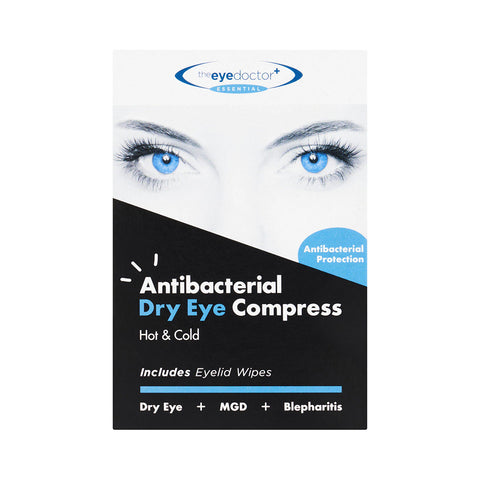 The Eye Doctor Essential Eye Compress by The Eye Doctor features a black, white, and blue design with eye and antibacterial protection graphics. It includes eyelid wipes and aids Dry Eye Disease, MGD, and Blepharitis.