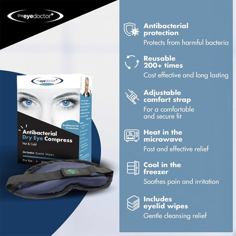 The Eye Doctors Essential Eye Compress provides relief for Dry Eye Disease with antibacterial protection and over 200 uses. It features an adjustable strap, can be microwaved or frozen, and includes eyelid wipes.