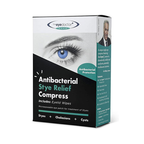 Box of The Eye Doctor Stye Relief Compress, displaying an eye image and text highlighting its use for styes, chalazions, and cysts. The pack includes eyelid wipes, offers antibacterial protection, and provides moist heat treatment for effective relief.