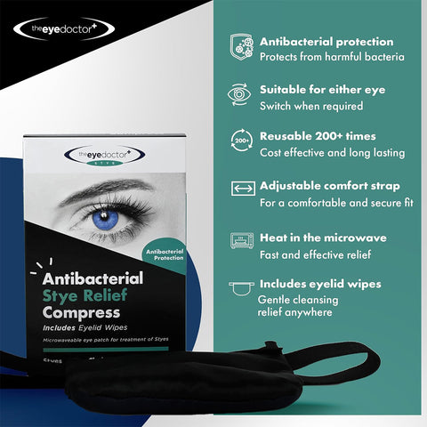 The Eye Doctor Stye Relief Compress packaging showcases an eye image and emphasizes benefits like moist heat treatment and antibacterial protection. This reusable, microwaveable mask features an adjustable black strap and includes eyelid wipes for comprehensive care.