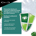 A graphic ad for The Eye Doctor Stye Relief Compress features a green shield with Antimicrobial Protection. Bullet points include Stay-fresh technology, permanent fabric protection, stain resistance, and extended product life. Ideal for reusable eye compress use. Brand: The Eye Doctor.