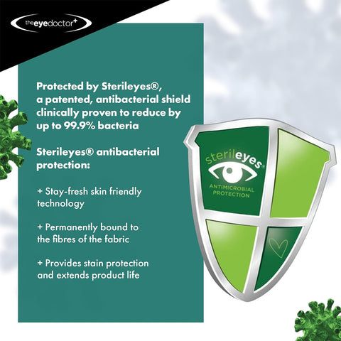 A graphic ad for The Eye Doctor Stye Relief Compress features a green shield with Antimicrobial Protection. Bullet points include Stay-fresh technology, permanent fabric protection, stain resistance, and extended product life. Ideal for reusable eye compress use. Brand: The Eye Doctor.