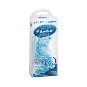 The Bausch + Lomb TheraPearl Flexible Gel Beads Eye Mask, featuring color-changing technology, comes in a white and blue package with a clear window displaying the gel mask inside. It offers hot and cold therapy for soothing relief, indicating optimal temperature through its innovative design.