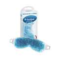 A Bausch + Lomb TheraPearl Flexible Gel Beads Eye Mask for hot and cold therapy is shown outside its packaging. Its small blue gel beads are contained within a soft, clear plastic. The box features branding and product details.
