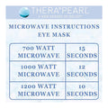 Microwave instructions for Bausch + Lomb TheraPearl Flexible Gel Beads: 700 watts-15 seconds, 1000 watts-12 seconds, 1200 watts-10 seconds. Enjoy hot and cold therapy with color-changing technology. A New Degree of Relief is featured at the top.