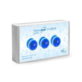 The white Tranquileyes thermoeyes XL Instant-replacement kit box from PRN features a clear window with three round blue heat gel packs. Adorned with light blue circles and the branding complementary to the tranquileyes XL goggle, it contains 3 gel packs and 3 pockets.