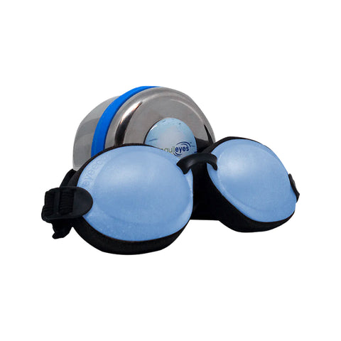 The Eyeeco Tranquileyes Mini by PRN, featuring blue and black swim goggles with memory foam for comfort, is placed next to a silver and blue swim cap in the background.