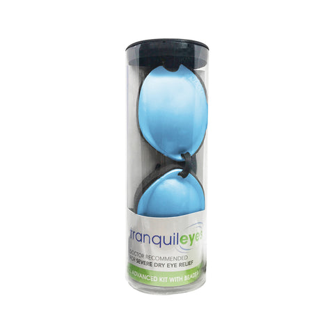 A transparent cylindrical container holds EyeEco Tranquileyes XL goggles by PRN. Designed for severe dry eye and MGD relief, it includes an advanced moist-heat and cold therapy kit with beads, recommended by doctors.