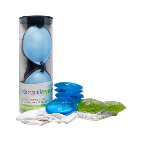Displayed is the PRN EyeEco Tranquileyes XL kit for severe dry eye and MGD, featuring a cylindrical container, blue eye mask, two instants labeled gel packs in blue, a soft white cloth, and two green bead-filled gel packs.