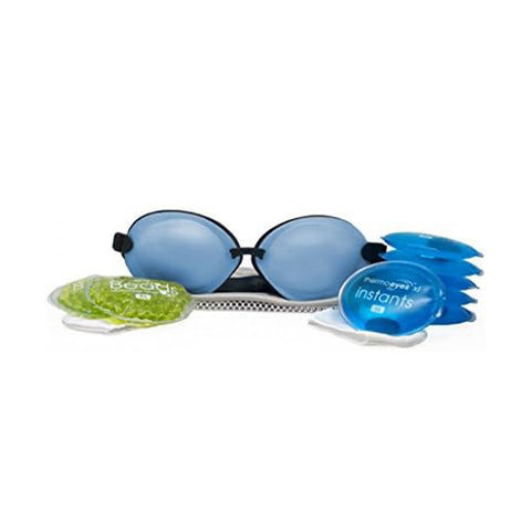 The EyeEco Tranquileyes XL with Beads & Instants set features blue goggles and reusable green and blue gel packs, plus four blue gel pads—ideal for advanced moist-heat or cold therapy for severe dry eye and MGD.