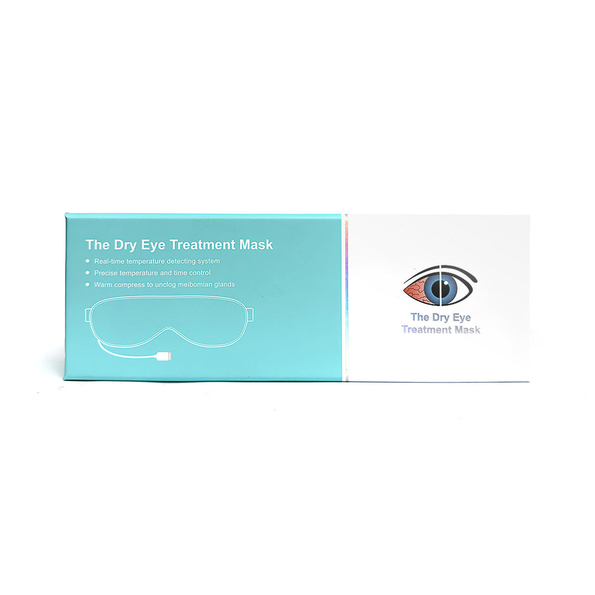 The USB Electric Eye Heat Mask box features an eye and mask illustration, highlighting real-time temperature control and warm compress benefits for Blepharitis. The soothing design in blue and white complements its therapeutic features.