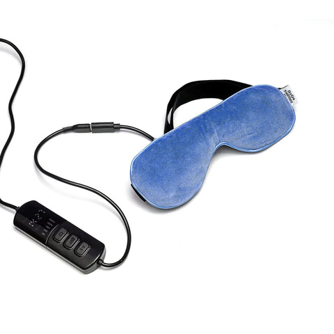 The USB Electric Eye Heat Mask by Dry Eye Treatment Mask features a blue mask perfect for dry eye treatment, connecting to a black control panel with buttons and a display screen via cable. An adjustable black strap ensures comfort for addressing blepharitis, set against a white background.