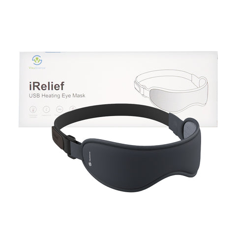 The black USB heating eye mask, I-Relief USB Eye Heat Mask with removable insert by VisuScience, is shown next to packaging labeled iRelief: Smart Eye Mask featuring a line drawing. Designed for relieving eye fatigue, it includes an adjustable strap and customizable nose bridge.