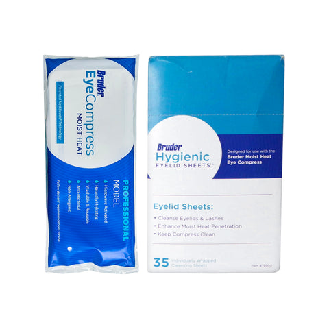 Packaging for Bruder Eye Mask & Eyelid Sheets includes a blue boxed eye mask and white-boxed sheets labeled for use with the mask, ideal for dry eye relief and blepharitis treatment.