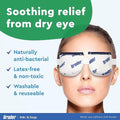 A person wearing the Bruder Eye Mask & Eyelid Sheets for dry eye relief. Text: Soothing relief from dry eye, Naturally anti-bacterial, Latex-free & non-toxic, Moist Heat Eye Compress. Ideal for blepharitis treatment, washable, reusable. Features the Bruder logo at the bottom.