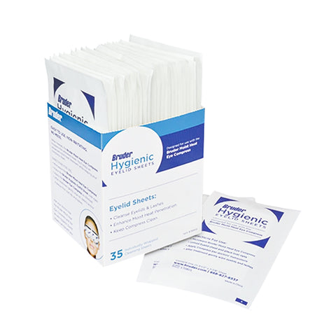 A box of 35 Bruder Hygienic Eyelid Sheets is shown with one packet beside it, highlighting product details for gentle eyelid hygiene and care. These are designed for use with the Bruder Mask.