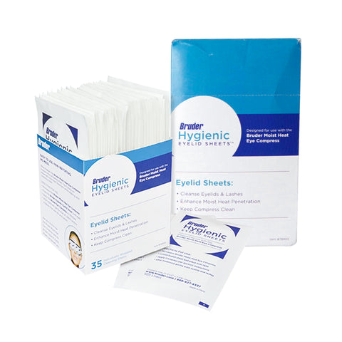 A box labeled Bruder Hygienic Eyelid Sheets 35 Count is shown. One non-allergenic sheet is displayed in front, with a blue and white instruction booklet on the side. Designed for eyelid hygiene, it enhances moist heat compress treatment for use with the Bruder Mask. Brand: Bruder.