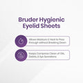 Image with Bruder Hygienic Eyelid Sheets 35 Count Box in purple and two bullet points: Allows Moisture & Heat to Pass through without Breaking Down and Keeps Compress Clean of Oils, Debris, & Eye Secretions. Ideal for moist heat eye compress and eyelid hygiene. Brand: Bruder.