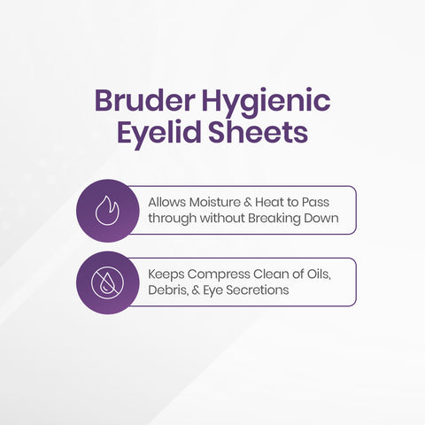 Image with Bruder Hygienic Eyelid Sheets 35 Count Box in purple and two bullet points: Allows Moisture & Heat to Pass through without Breaking Down and Keeps Compress Clean of Oils, Debris, & Eye Secretions. Ideal for moist heat eye compress and eyelid hygiene. Brand: Bruder.
