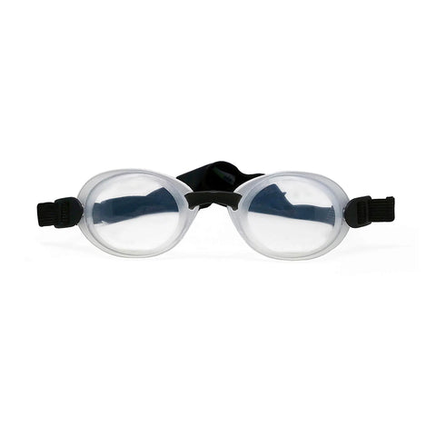 The EyeEco Quartz Hydrating Sleep Mask Nighttime Relief (Clear) by PRN features clear lenses, minimal frame, and black adjustable straps with silicone shields, designed for dry eye protection. Perfect for aquatic use against a plain white background.