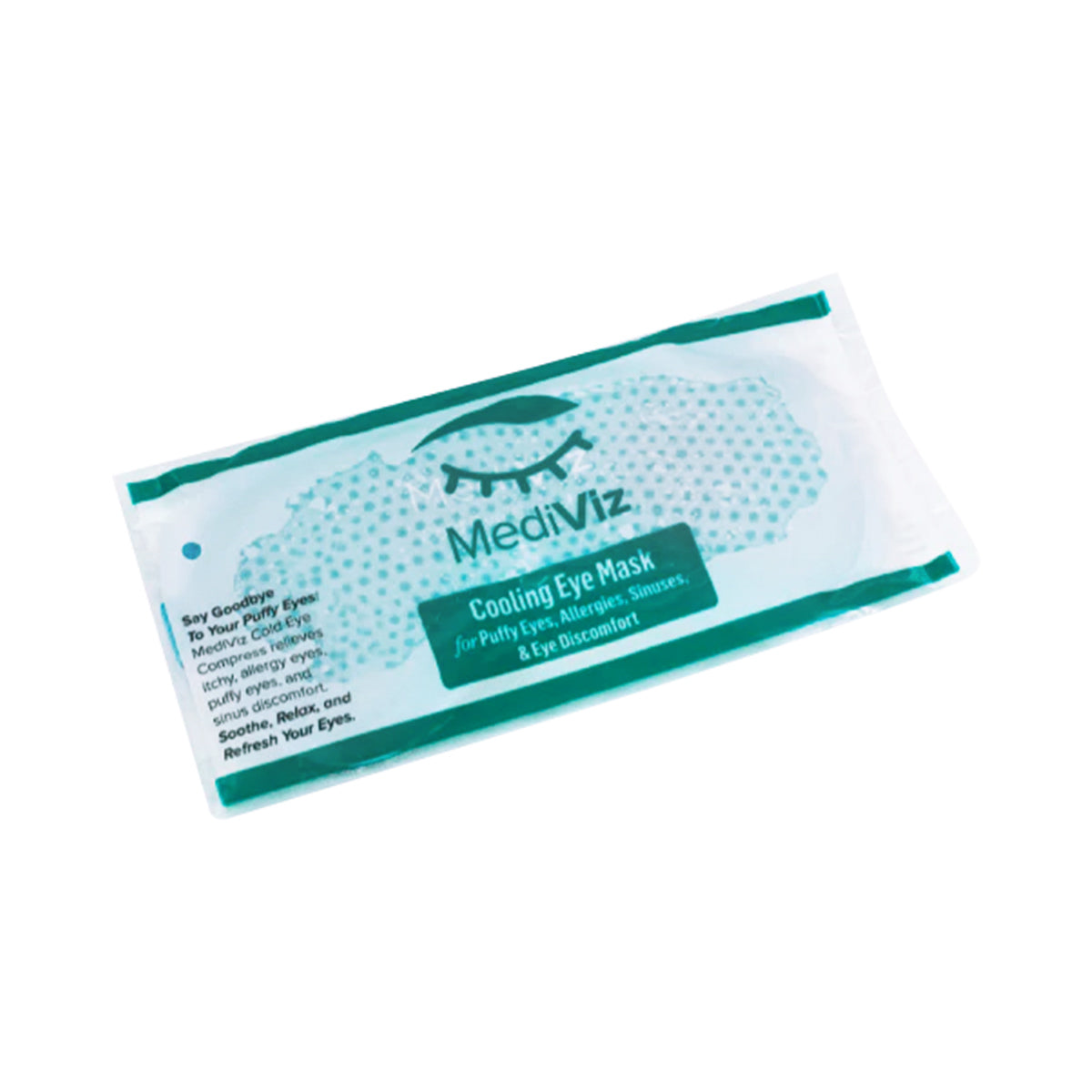 The PRN MediViz Cooling Eye Mask package, in white and teal, features an illustration of the mask for soothing puffy eyes, dark circles, allergies, and sinuses. Text highlights its benefits for ultimate relaxation.