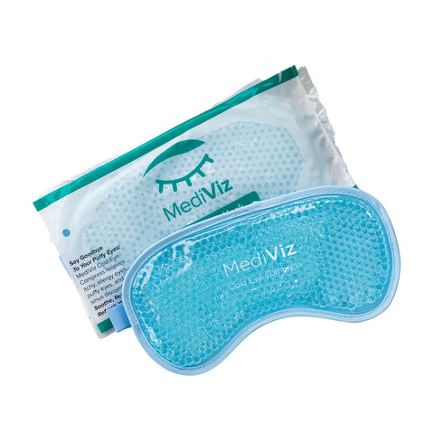 A PRN MediViz Cooling Eye Mask for Puffy Eyes, Allergies, Sinuses, and Itchy Eyes is shown with its white and teal packaging featuring the MediViz logo and eye illustration.