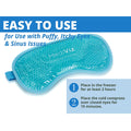 The MediViz Cooling Eye Mask by PRN is shown on a white background, featuring blue gel beads. Instructions: Easily relieve puffy eyes, dark circles, and sinus issues. Freeze for 2 hours and apply for 15 minutes.